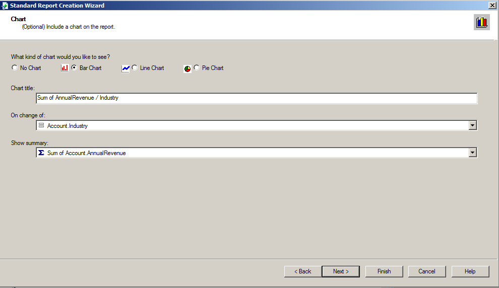 Chart type, axes, and summary type in the Report Wizard. (Salesforce is shown.)
