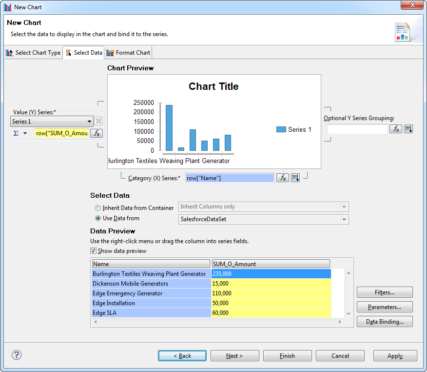 Columns in the dataset defined as the x- and y-axes for the chart.(Salesforce is shown.)
