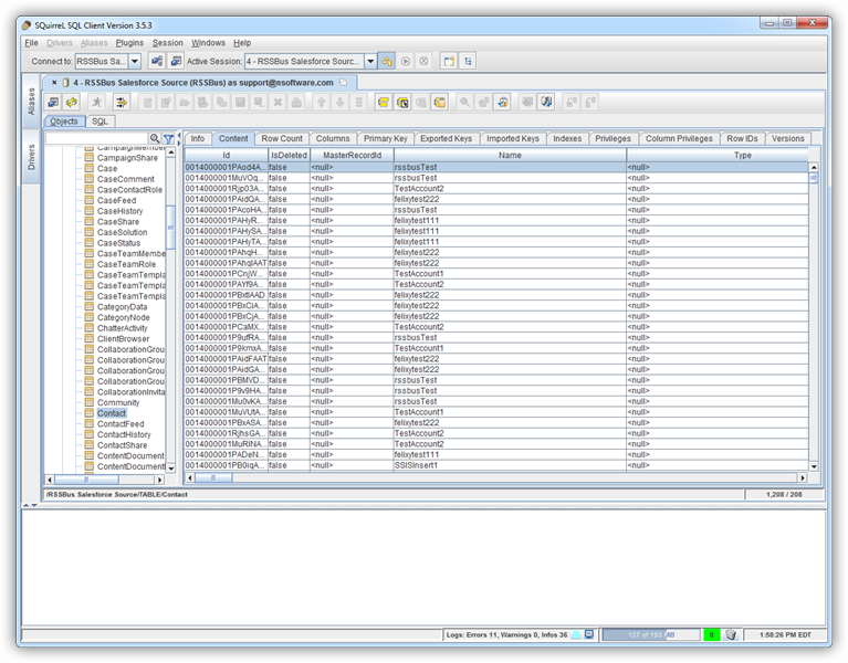 Tables can be edited on the Content tab.(Salesforce is shown.)