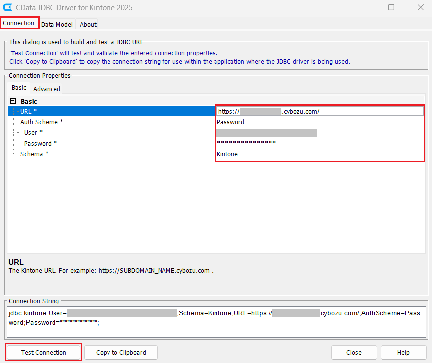 Enter the Kintone credentials to connect and save the connection string