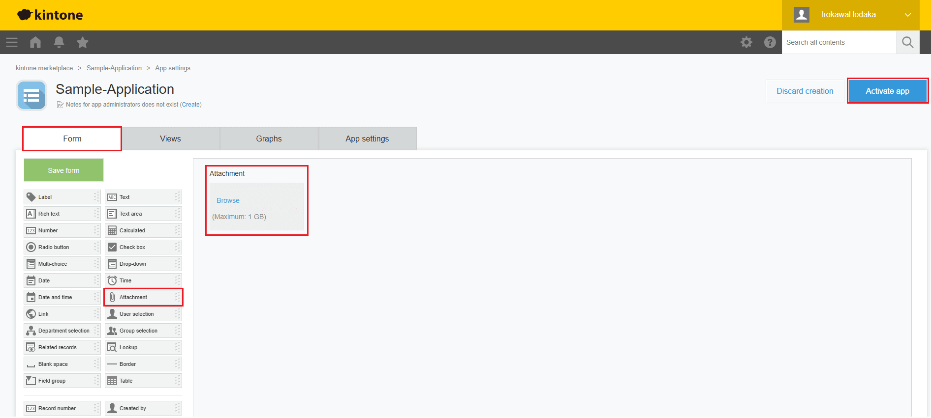 Add the attachment field and activate the Kintone app