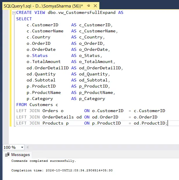 View created successfully in SSMS View created successfully in SSMS
