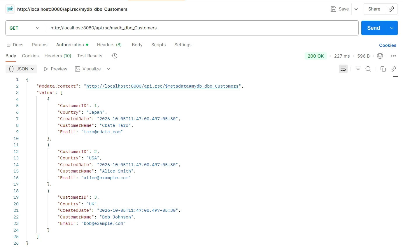 Customers table returning a 200 OK response in Postman Customers table returning a 200 OK response in Postman