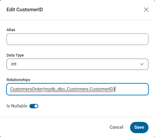 Many-to-one relationship defined on CustomerID in the Orders table Many-to-one relationship defined on CustomerID in the Orders table