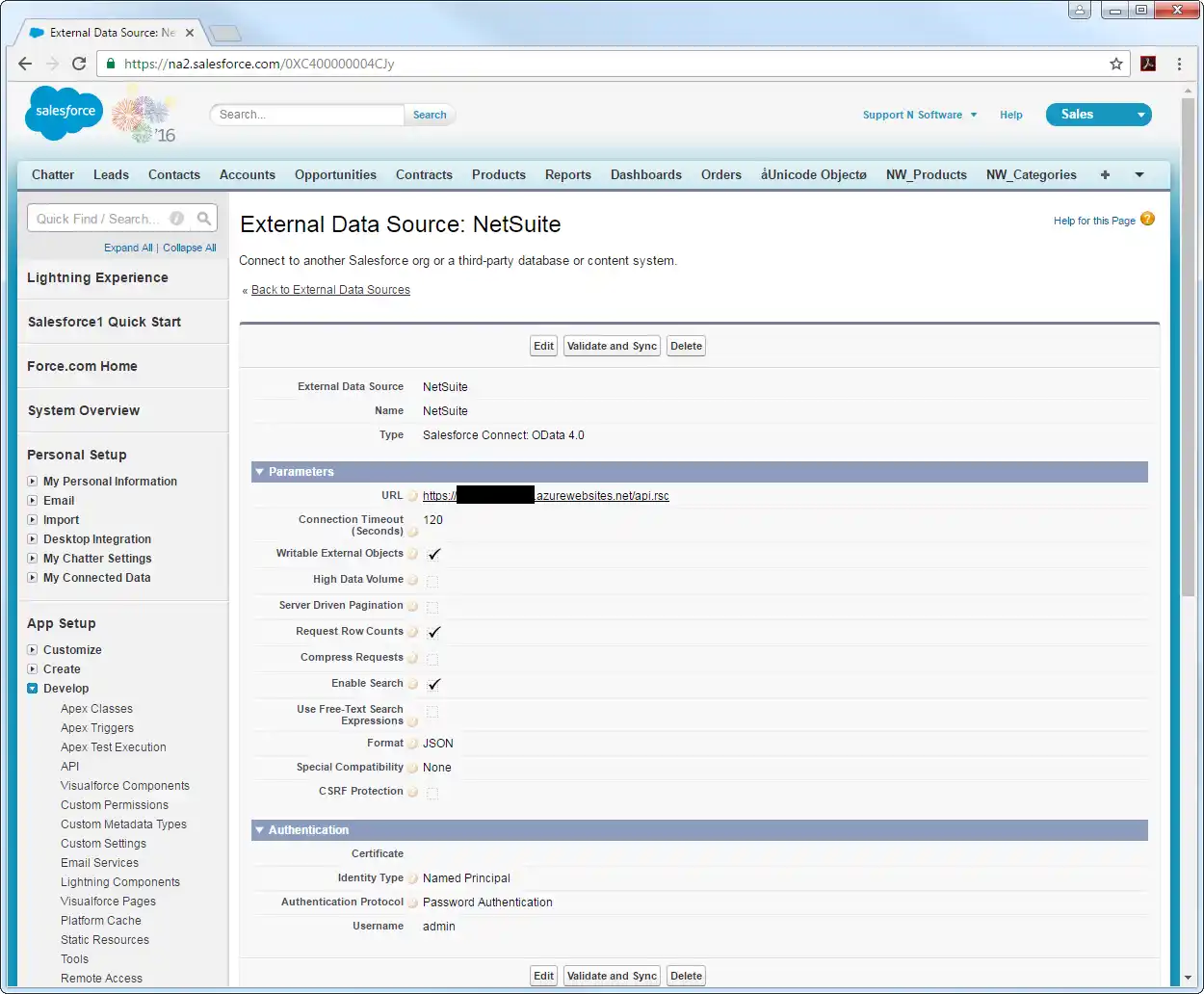 Configuration settings for the data source. (NetSuite is shown.)