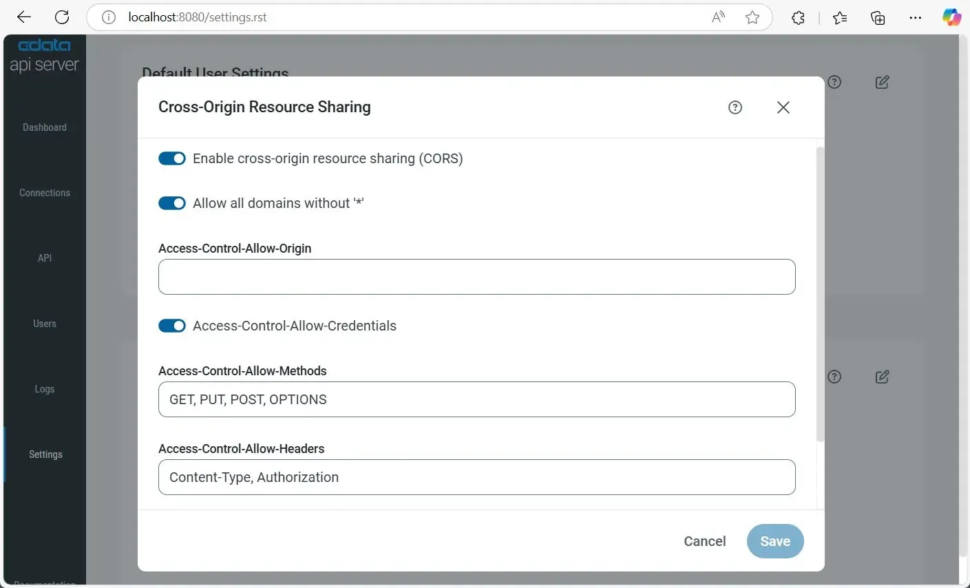 Enabling CORS Settings in the CData API Server