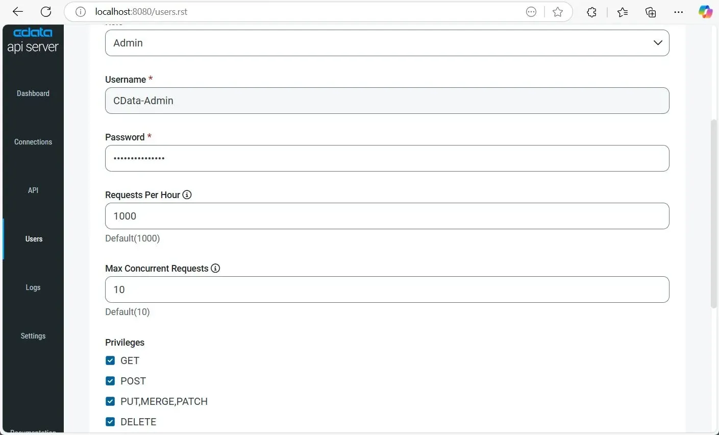 Adding a User in the CData API Server