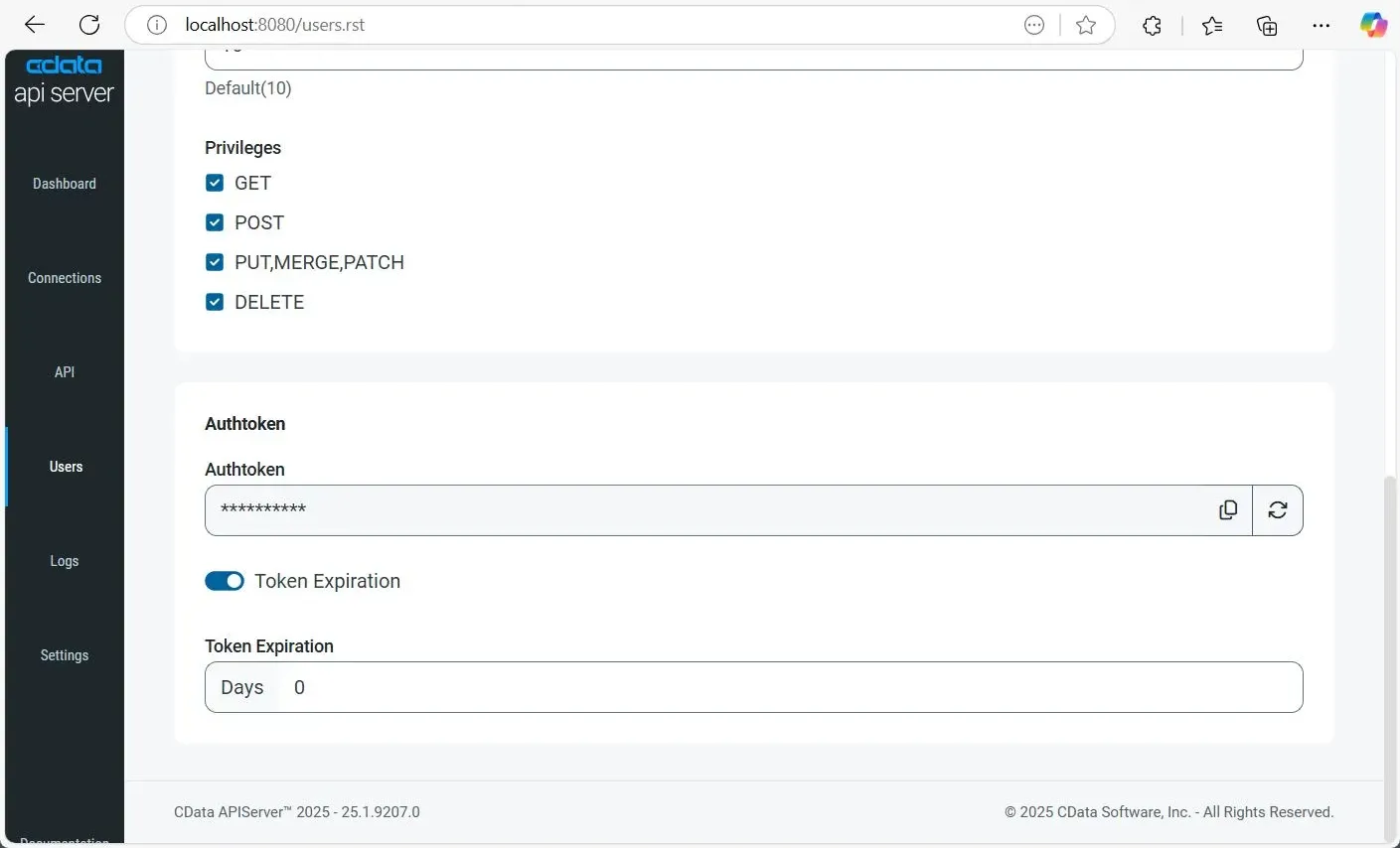 'Authtoken' Settings for the Added User in CData API Server