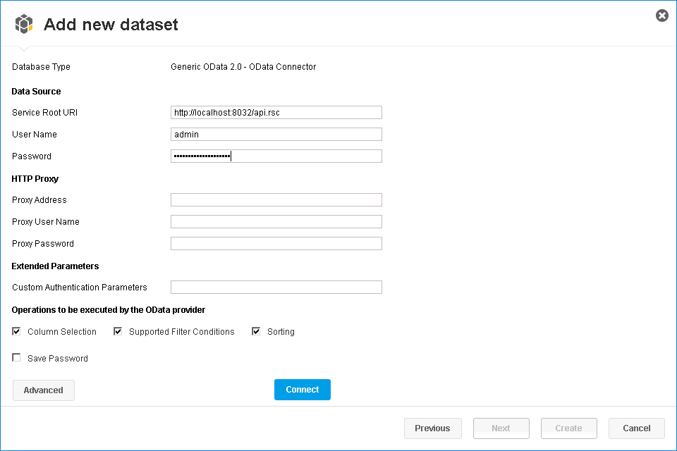 The OData endpoint and HTTP Basic authentication configured for an API user.