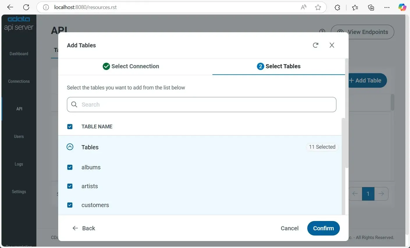 Adding Tables for API Endpoint in CData API Server