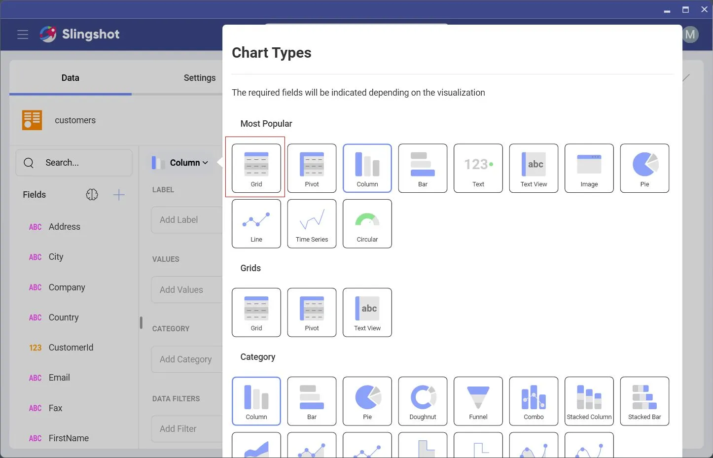Selecting Grid View from Column Panel