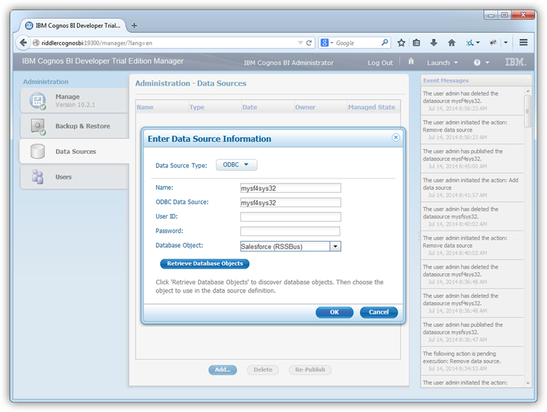 The DSN used to add the data source. (Salesforce is shown.)