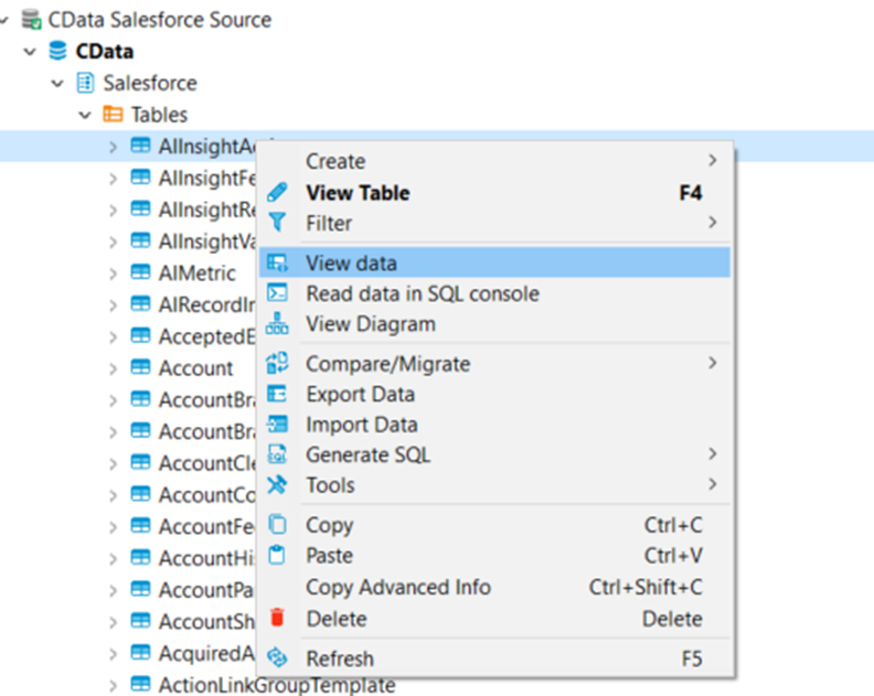 Viewing data (Salesforce is shown)