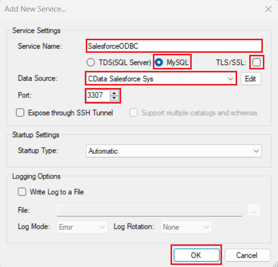 Add a new service in CData SQL Gateway