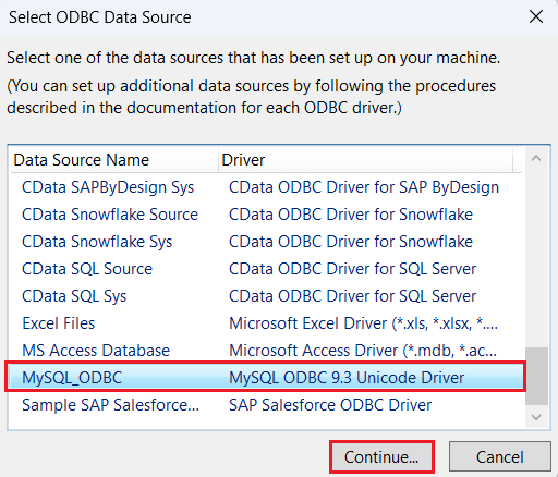 Create a new data source using the latest MySQL ODBC Unicode Driver