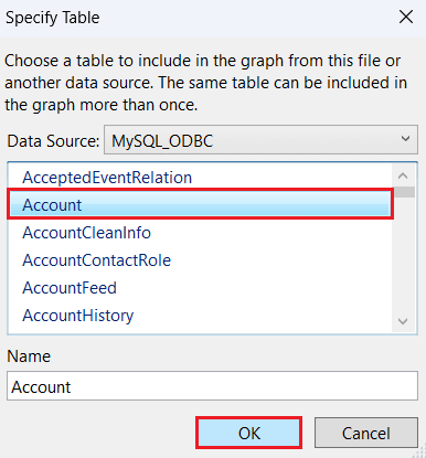 Add a new table in the Specify Table window