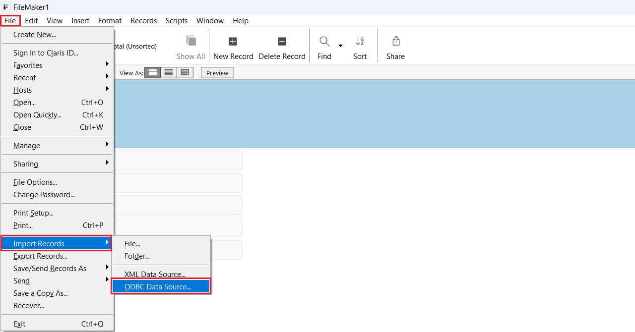 Select ODBC Data Source from Import Records.