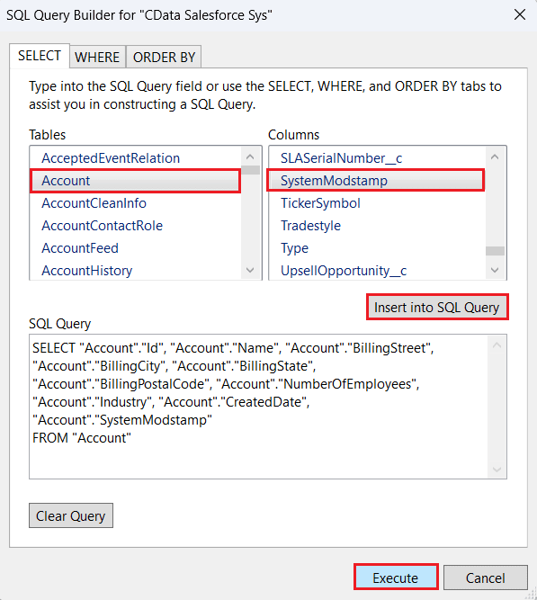 Choose the columns to generate the SQL Query.