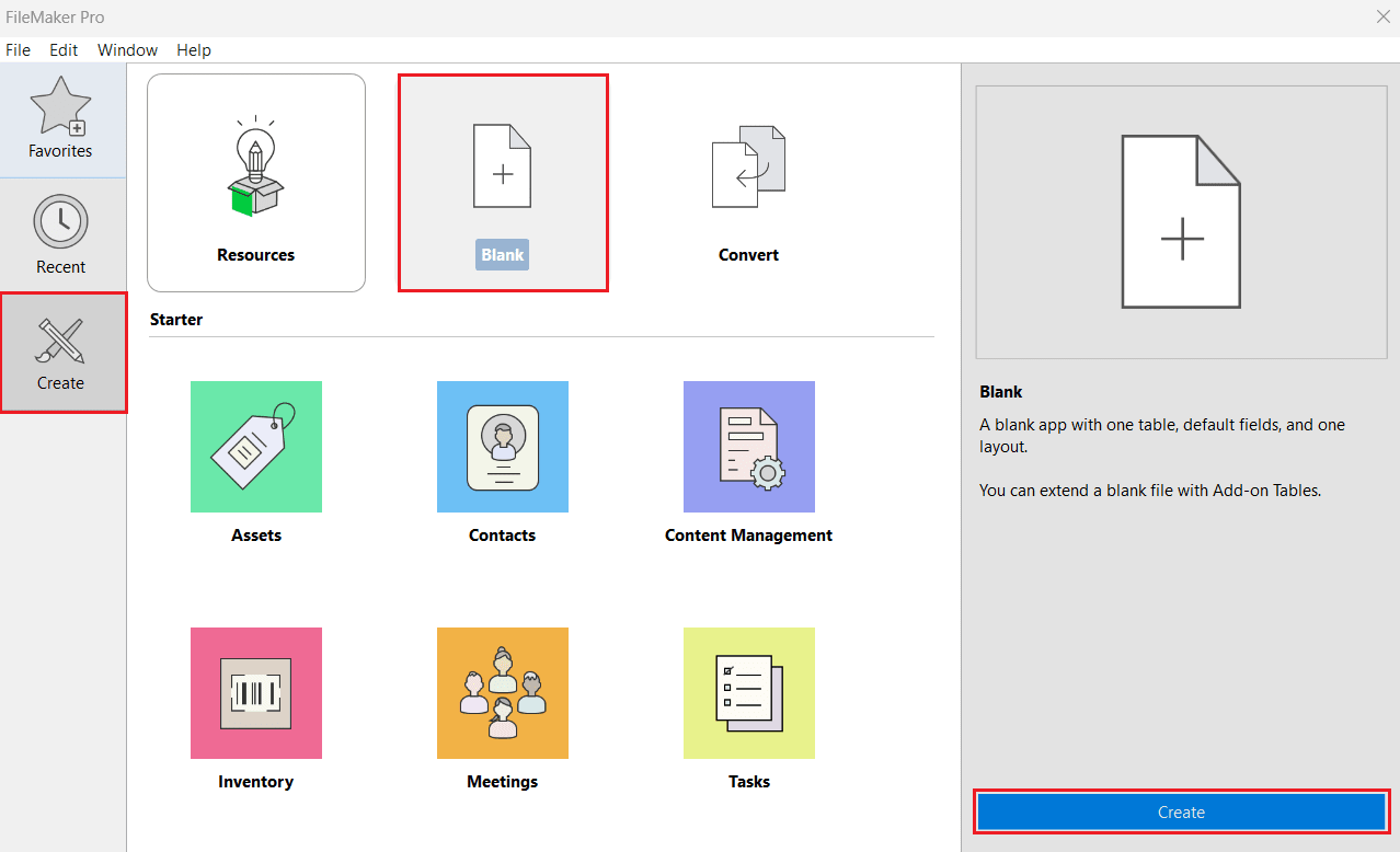 Create a new application in FileMaker