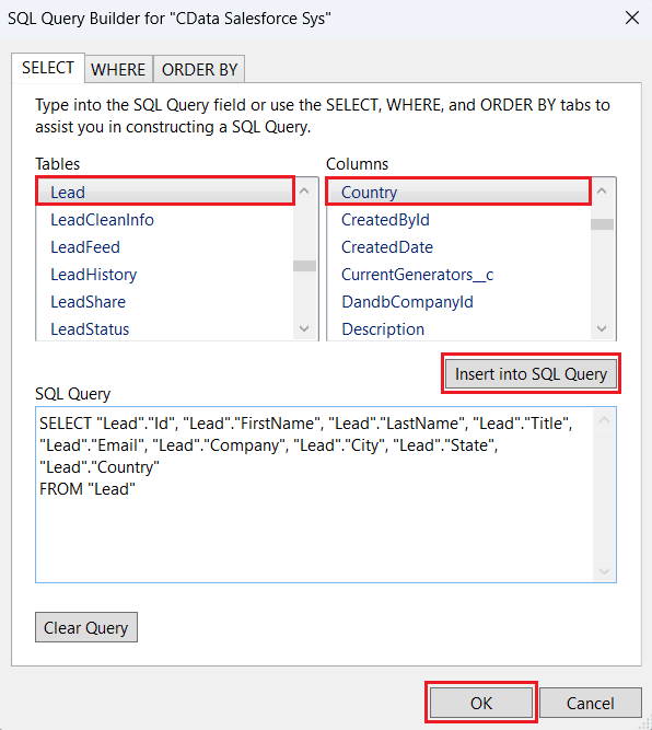 Specify the columns in the table to auto-generate the SQL Query.