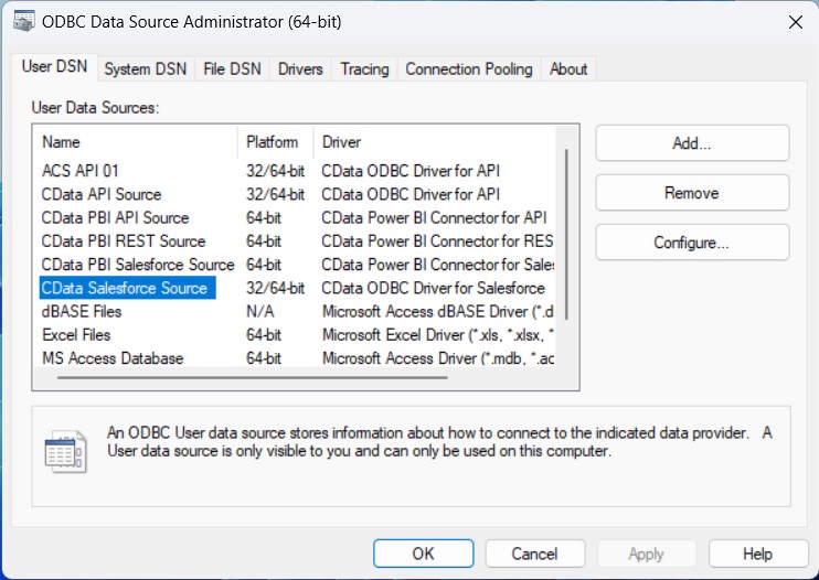 ODBC Data Source Administrator Dialogue (Salesforce is shown)