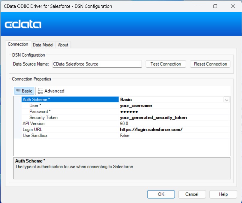 CData ODBC Driver for Salesforce - DSN Configuration Dialogue