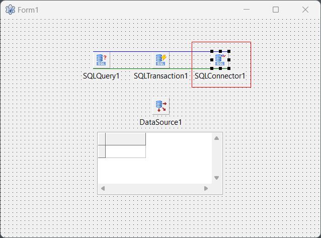 TSQLConnector component selected on Main Form1 in Lazarus Pascal IDE