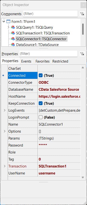 Properties of TSQLConnector component in Object Inspector in Lazarus Pascal IDE (Salesforce details are shown)