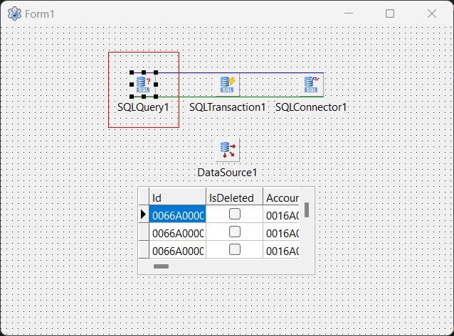 TSQLQuery component selected on Main Form2 in Lazarus Pascal IDE