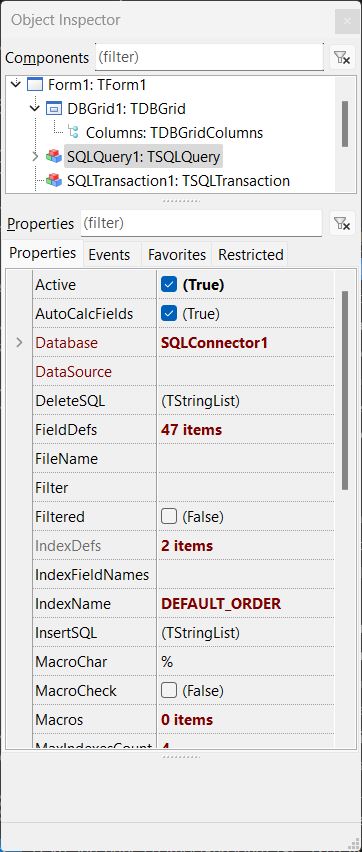 Properties of TSQLQuery component in Object Inspector in Lazarus Pascal IDE (Salesforce details are show)