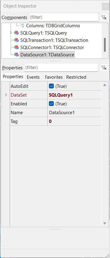 Properties of TDataSource component in Object Inspector in Lazarus Pascal IDE