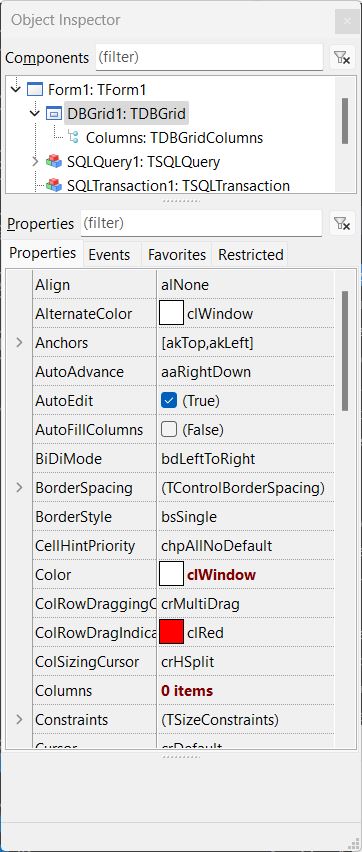 Properties of TDBGrid component in Object Inspector in Lazarus Pascal IDE