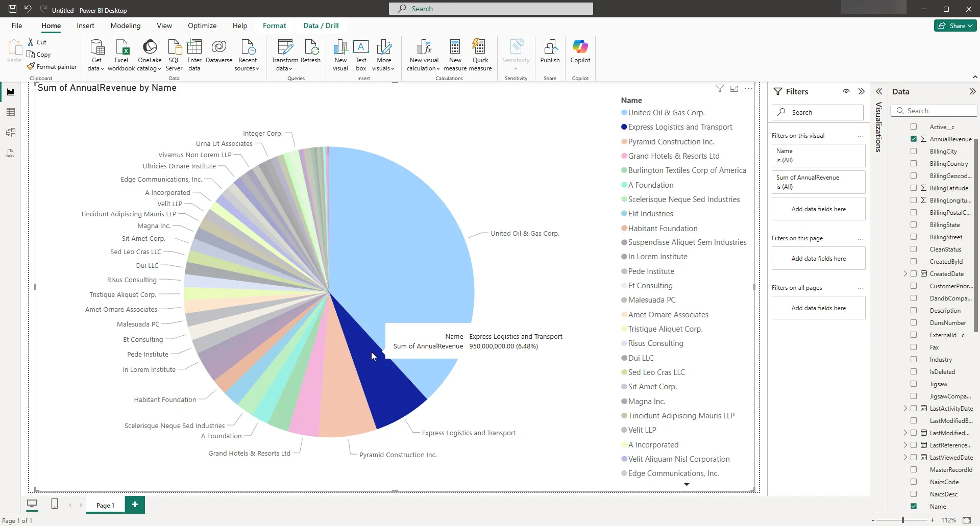 A highlighted account in a pie chart. (Salesforce is shown.)