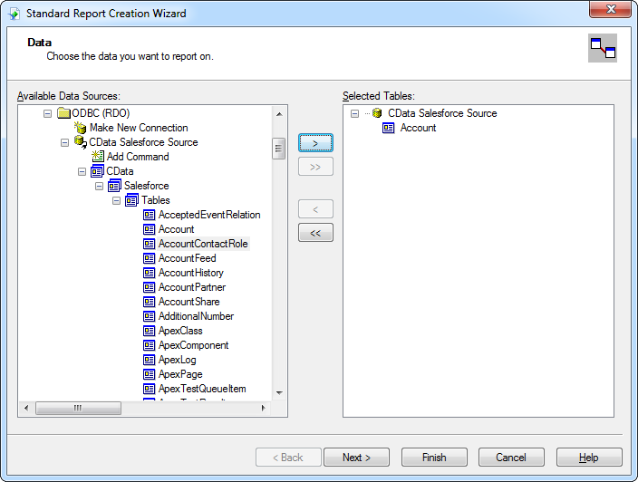 MySQL tables in the Report Wizard. (Salesforce is shown.)