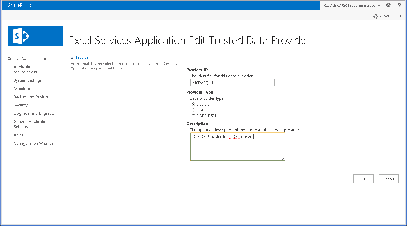 The OLE DB provider configured as a trusted provider.