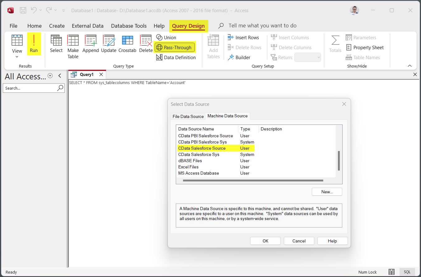 Selecting the Data Source in Access