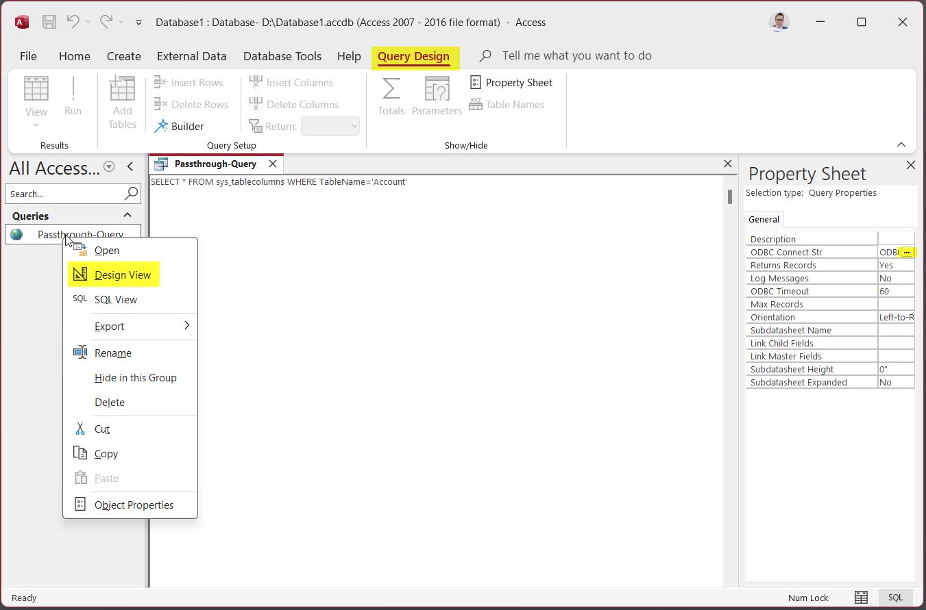 Opening the Query in Design View