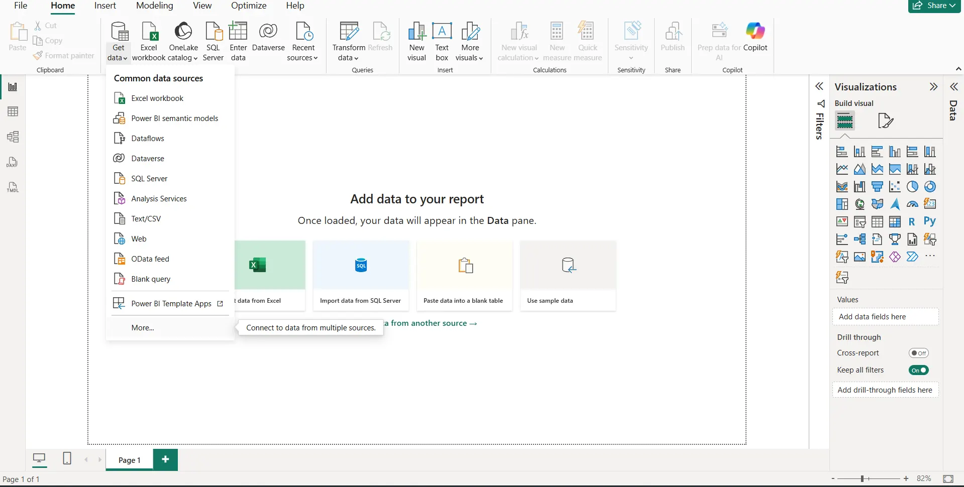 Get Data menu showing common data sources