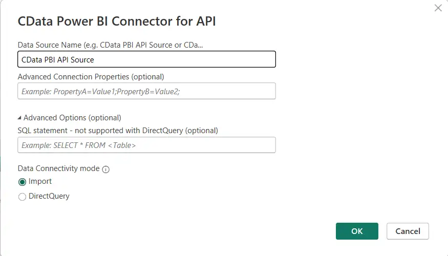 DSN entry and connectivity mode selection