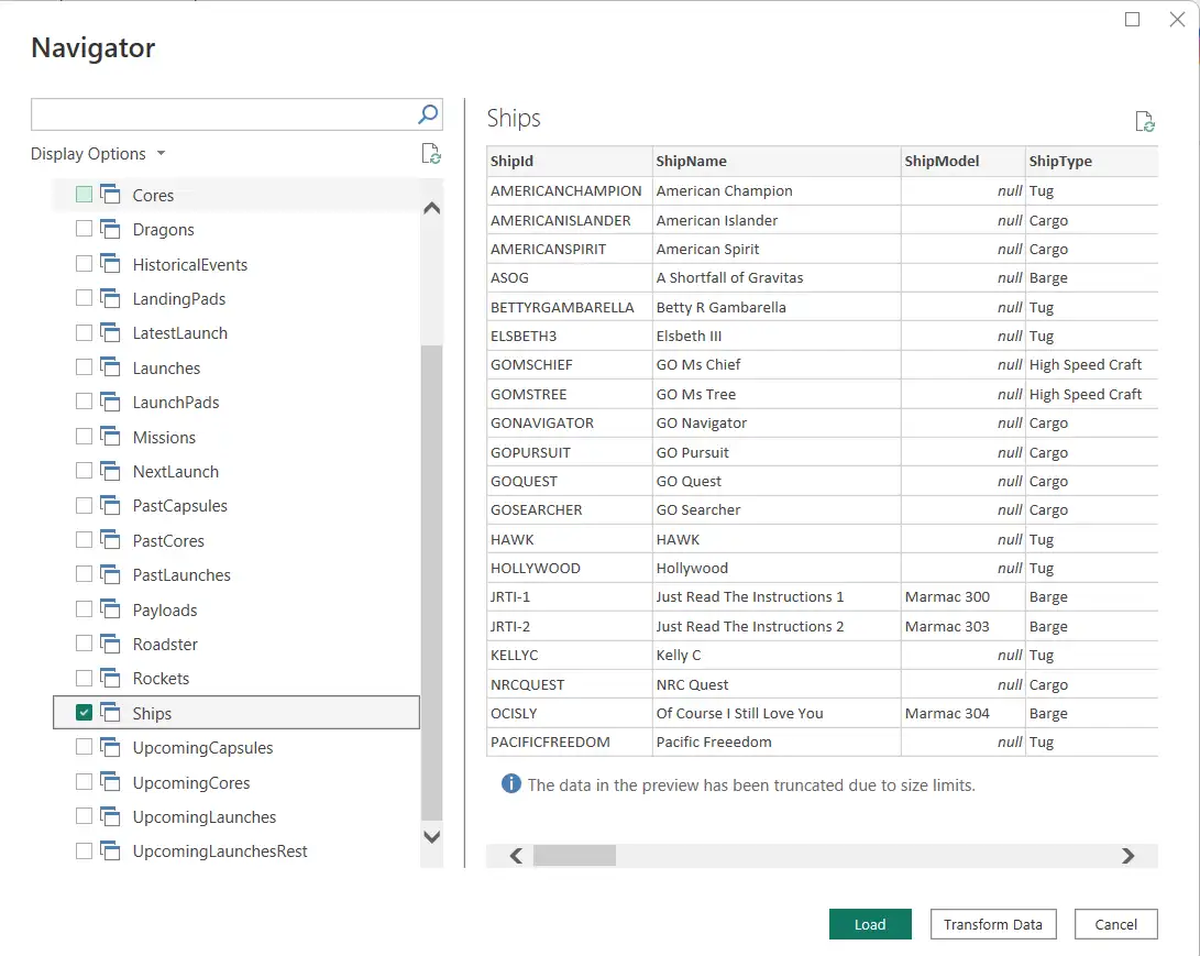 Selecting tables from the CData API data source