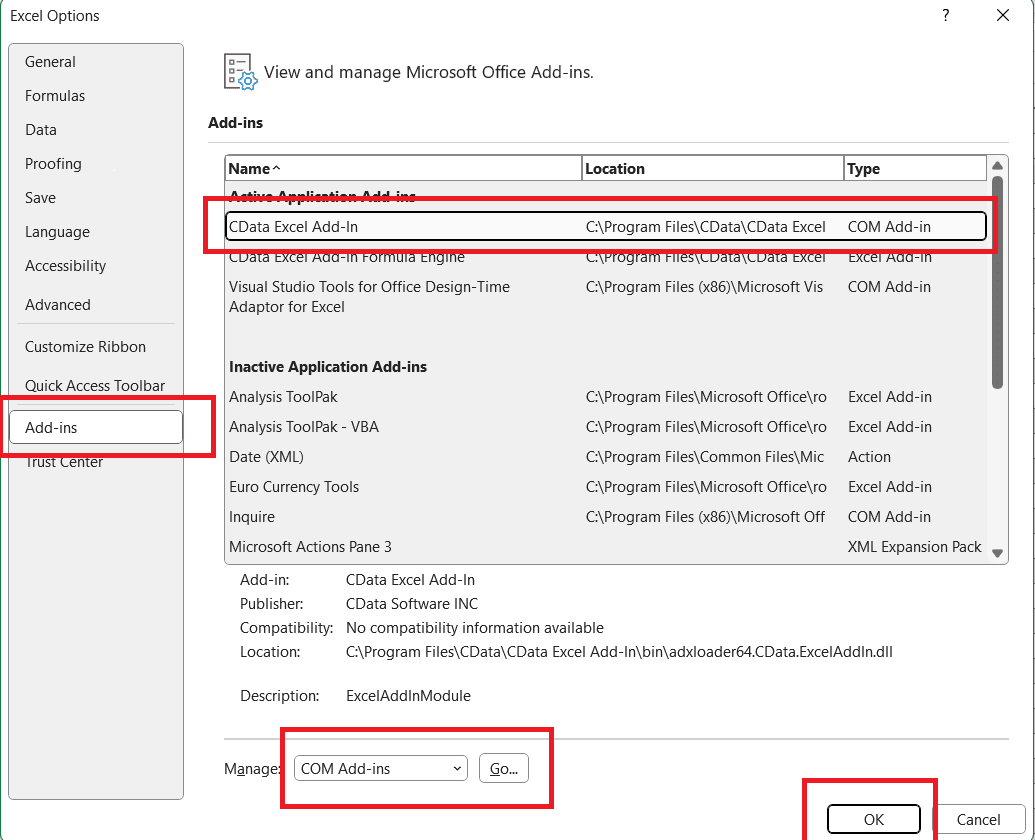 Enable the CData Excel add-in option(if it's disabled).
