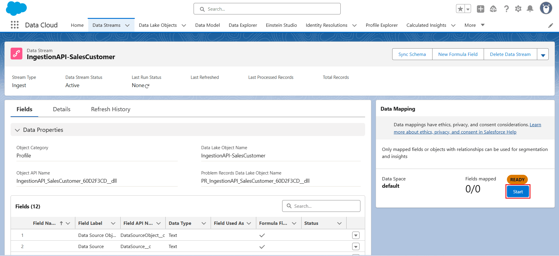 Select Start under Data Mapping