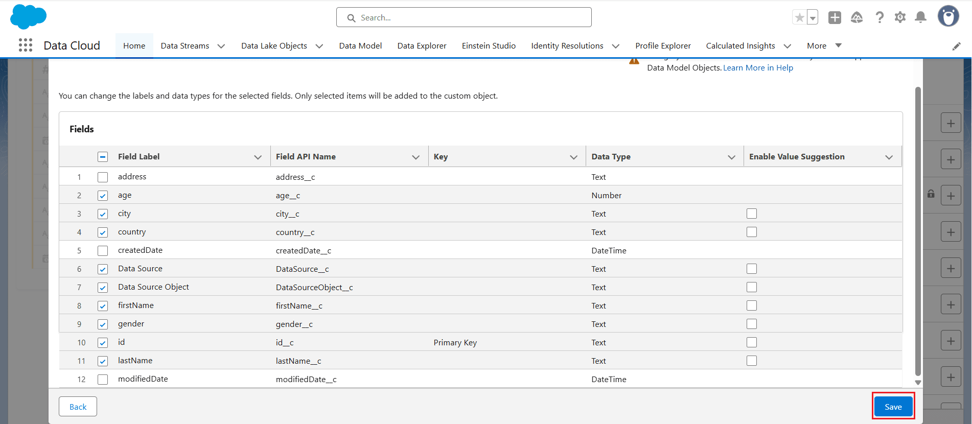Select the required fields from the input object