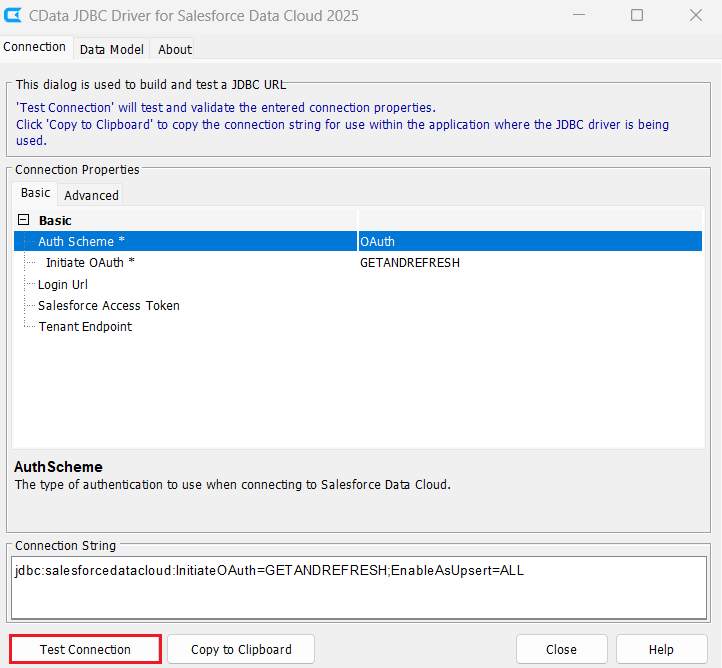 Connect to CData Salesforce Data Cloud JDBC connector and copy the connection string URL