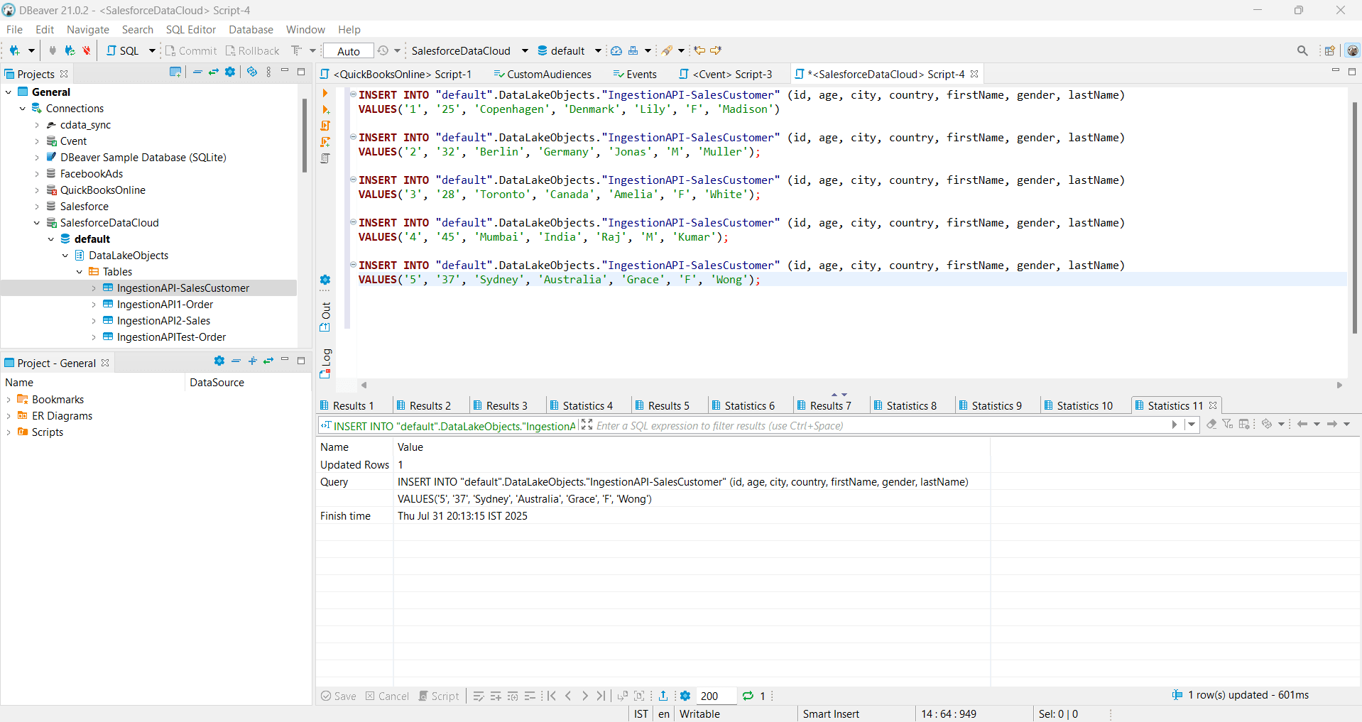 Enter the INSERT Query to ingest data in Salesforce Data Cloud via Ingestion API