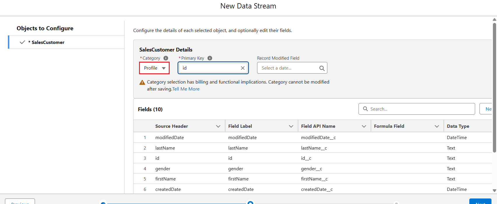 Configure the object by selecting the category and the primary key