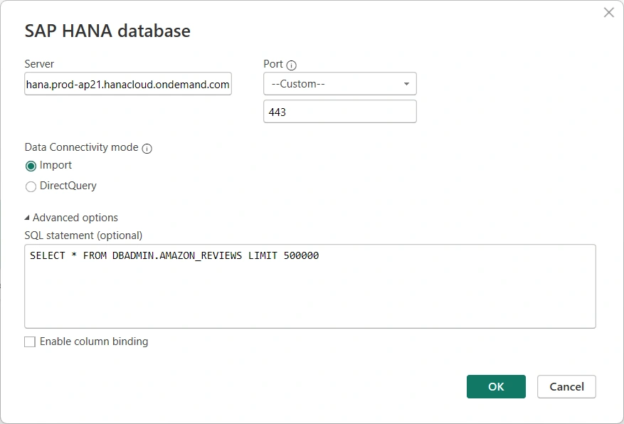 Microsoft native SAP HANA connector — connection dialog with SQL statement and port 443 Microsoft native SAP HANA connector — connection dialog with SQL statement and port 443