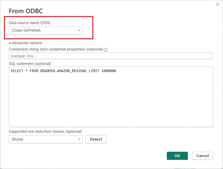 CData SAP HANA — ODBC connection dialog for DirectQuery with SQL statement CData SAP HANA — ODBC connection dialog for DirectQuery with SQL statement