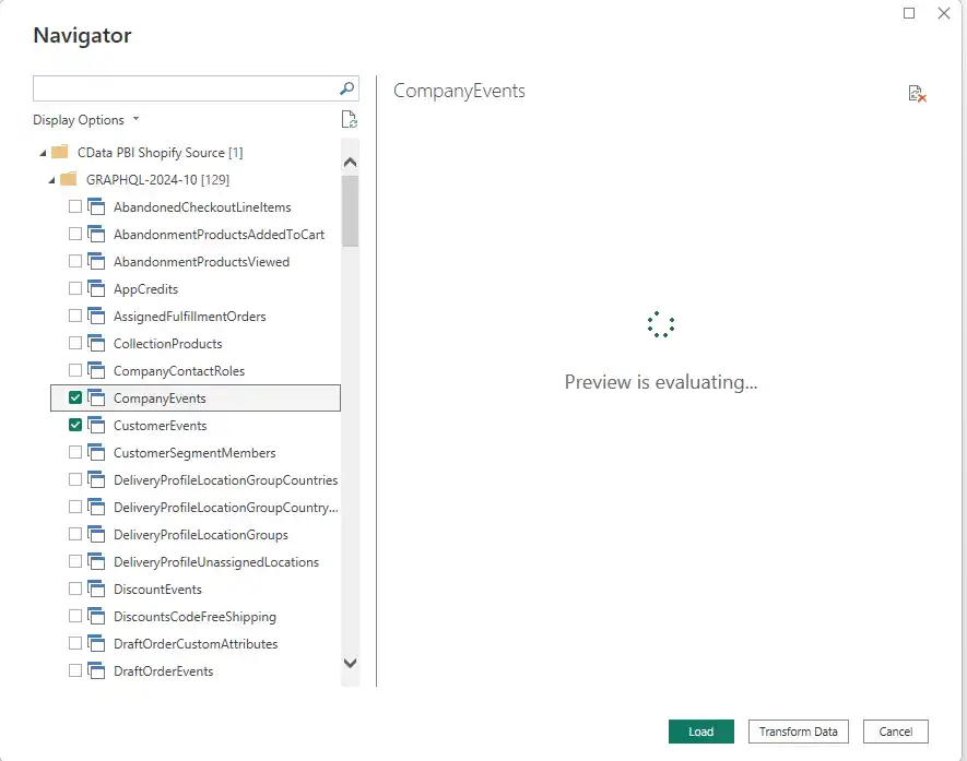 Import selected Shopify Objects to Power BI