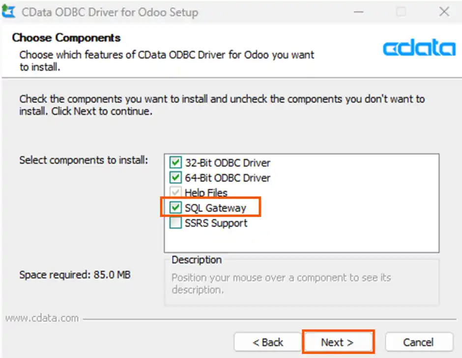 Seleting the SQL Gateway during ODBC installation.